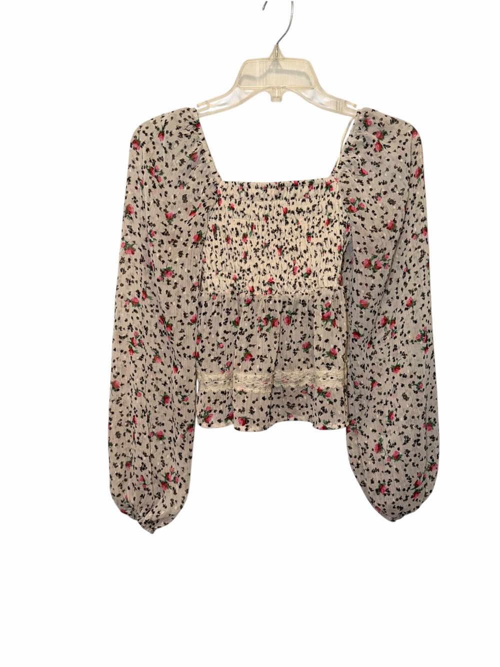 love, Fire Cream Floral Smocked Square-Neck Blouse